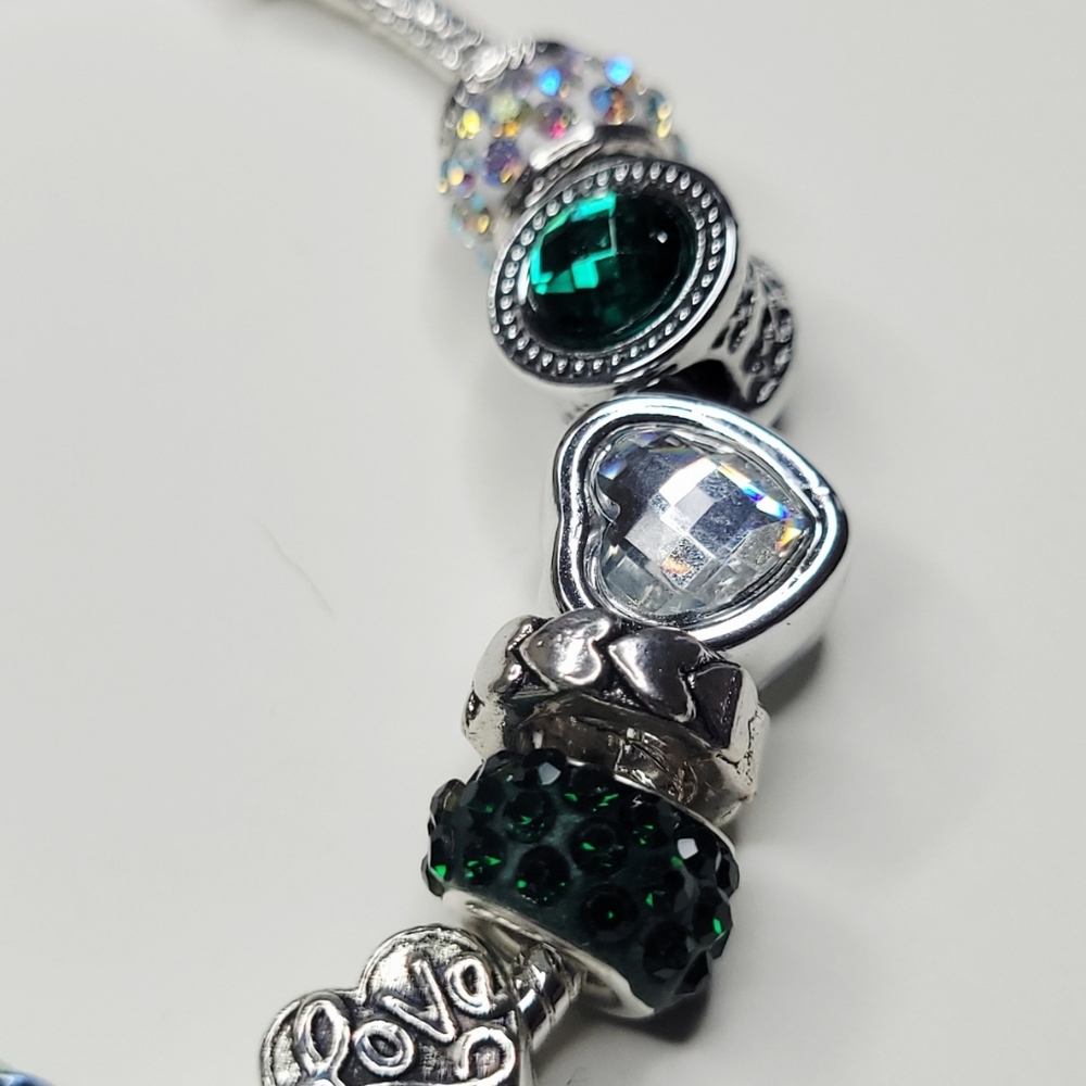 NWT Pandora Style Frog And Dragonfly Snake Chain Charm Bracelet Green Silver M/L - Picture 9 of 9